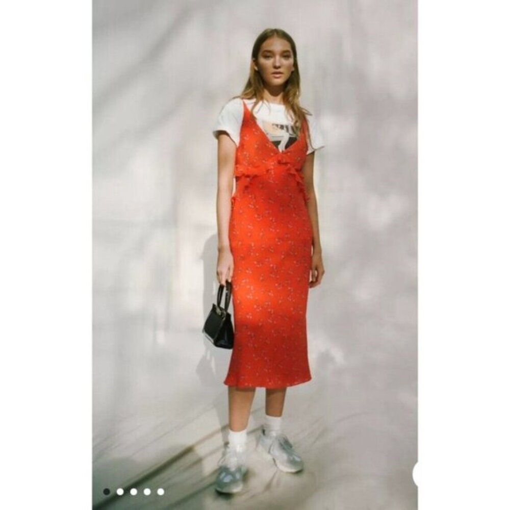 Urban Outfitters Long Floral Ruffle Trim Slip Dress V Neck Coral Red New Sz. L